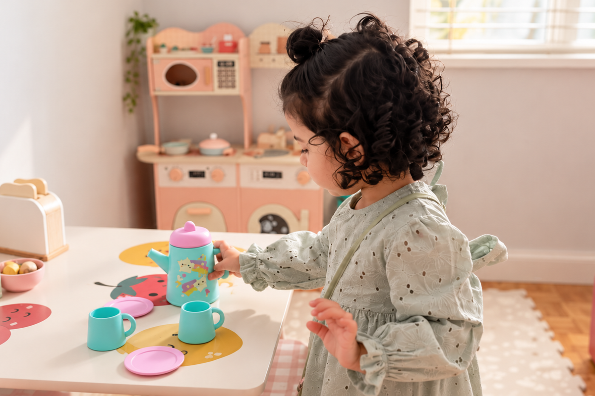 Young child playing with a wooden tea set at a play table, with a pink play kitchen in the background