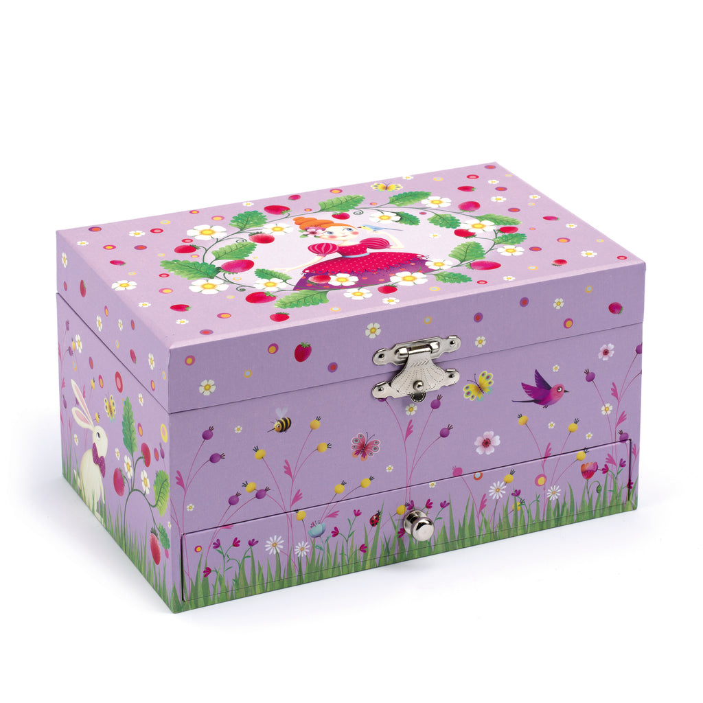 Purple jewellery box decorated with strawberries, flowers and birds, shown closed with a front drawer.