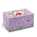 Purple jewellery box decorated with strawberries, flowers and birds, shown closed with a front drawer.